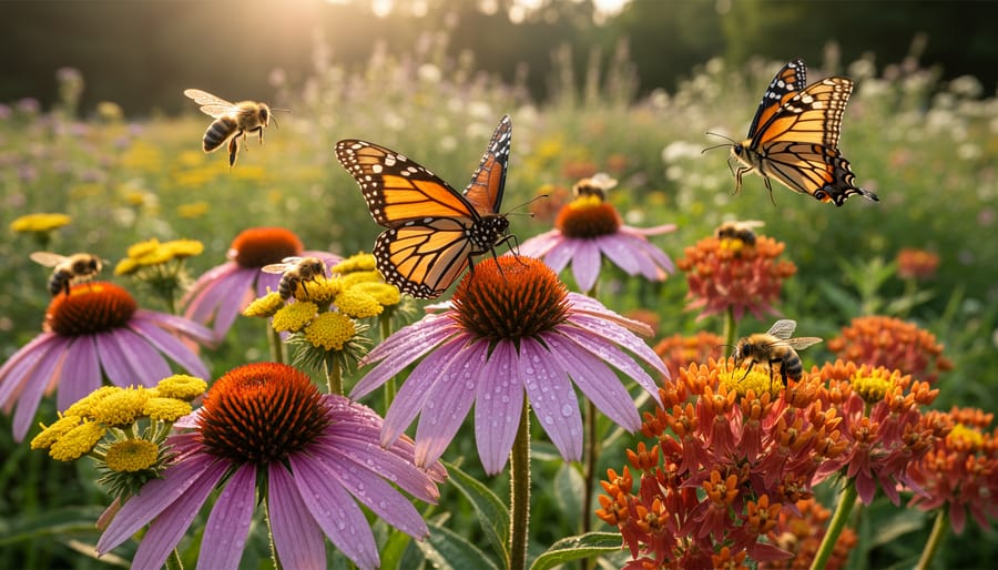 Monarch butterfly and honeybee feeding on purple coneflowers in native garden