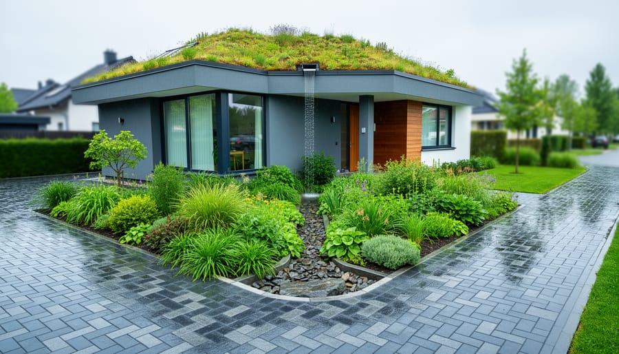 Photograph of a modern house with a vegetated green roof and a foreground rain garden swale absorbing runoff from a rain chain, wet permeable paver driveway, soft overcast light after rain, and neighboring trees softly visible in the background.