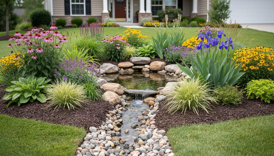 Rain garden filled with blooming native purple and yellow wildflowers with water pooling in center