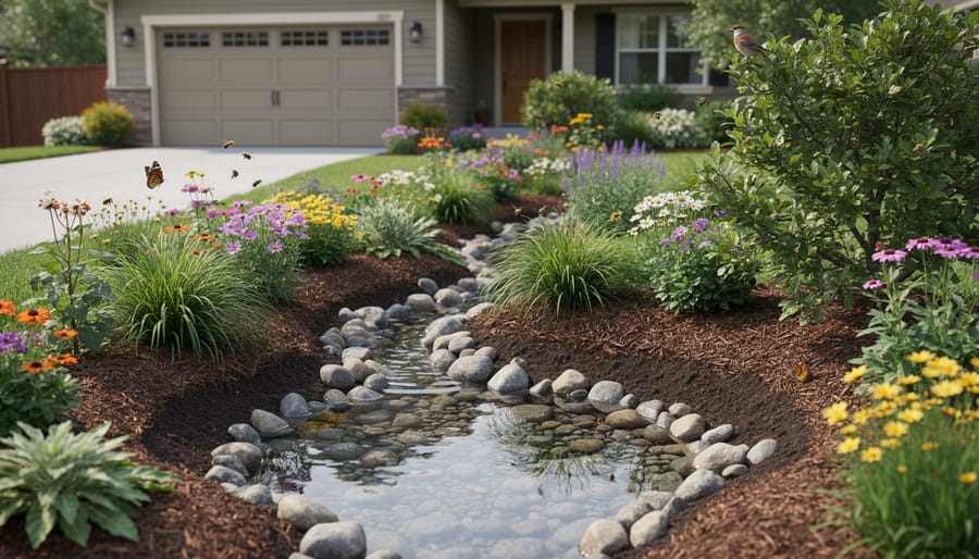 Rain garden depression with stones and water plants capturing rainfall