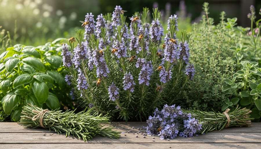 Honeybee approaching flowering rosemary plant in herb garden