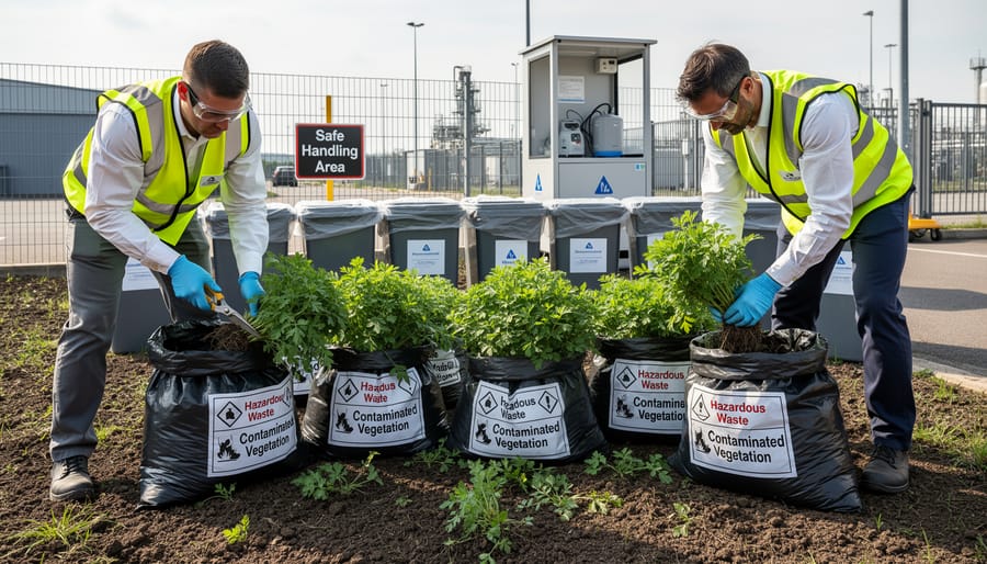 Gardener wearing protective gloves removing phytoremediation plant with roots from soil