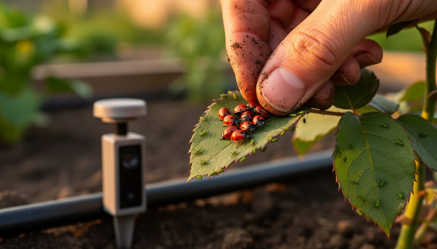 Close-up of a hand releasing ladybugs onto an aphid-covered rose leaf at dusk, with warm golden side light and a blurred background showing raised beds, a drip irrigation line, a compact soil moisture sensor stake, and a small ultrasonic deterrent box.