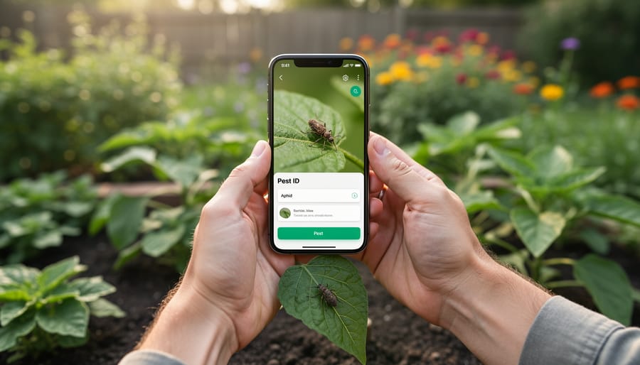 Gardener using smartphone app to photograph and identify plant pests