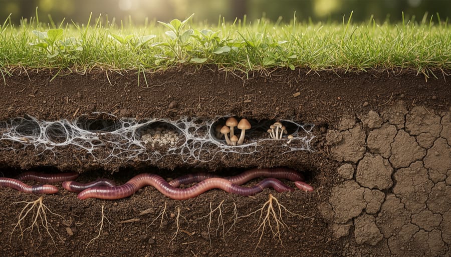 Cross-section view of plant roots, earthworms, and beneficial fungi in healthy garden soil