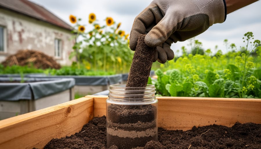 Gloved hand using a soil core sampler to fill a small sample jar next to a newly built raised garden bed, with blurred sunflowers, mustard greens, compost pile, and a weathered old building behind.