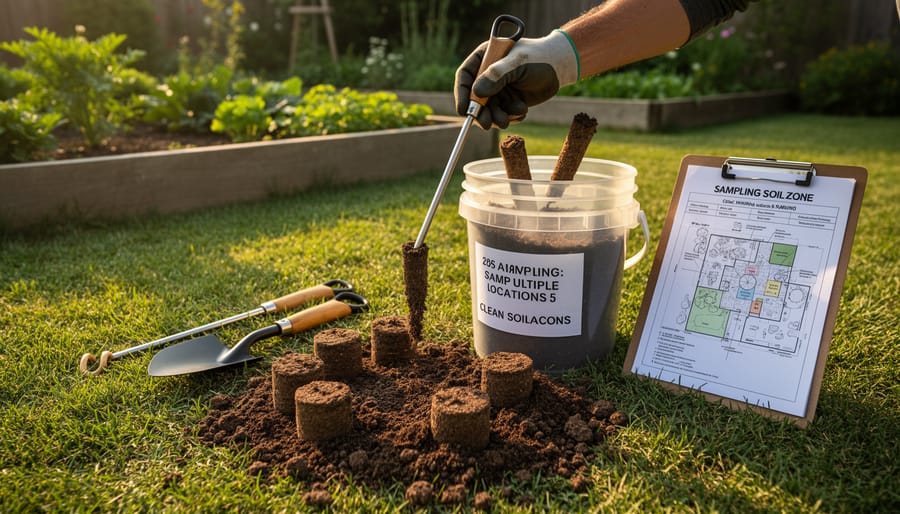Gardener collecting soil samples with testing kit in residential garden