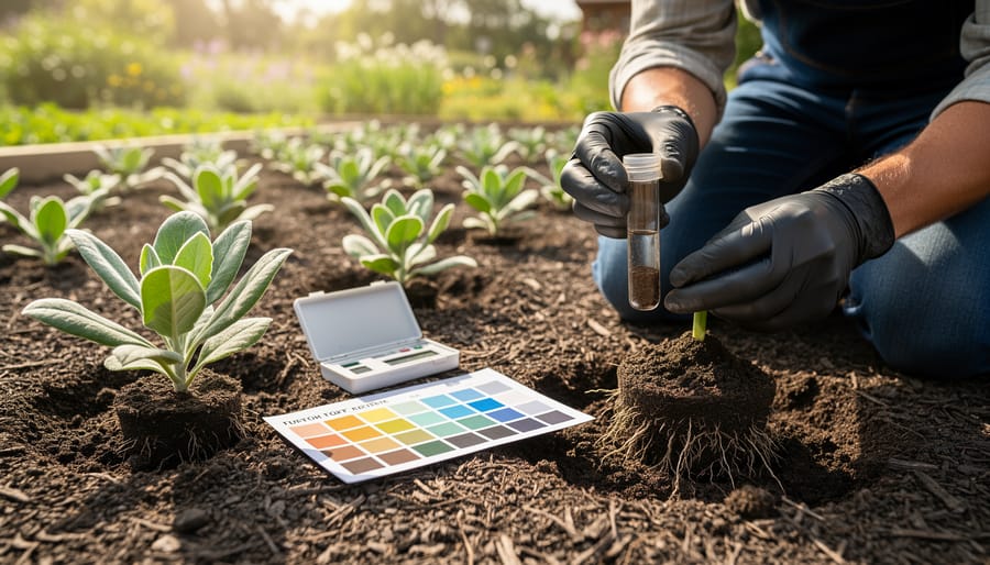 Gardener testing soil texture by hand in preparation for drought-resistant landscaping