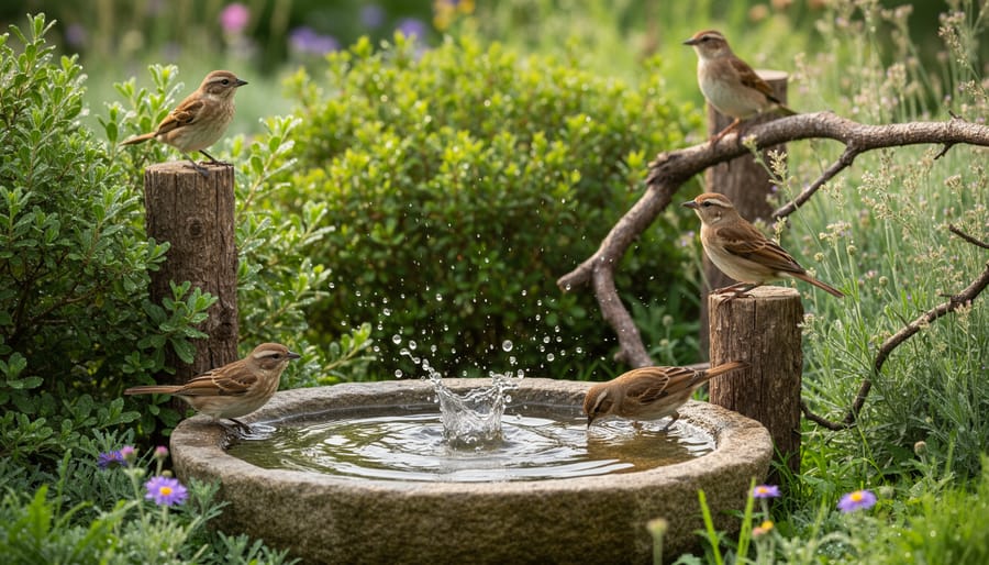 Songbird at bird bath surrounded by flowering English garden plants