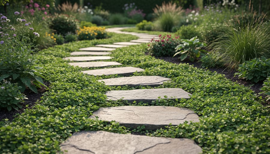 Natural stone stepping stones creating pathway through planted groundcover garden