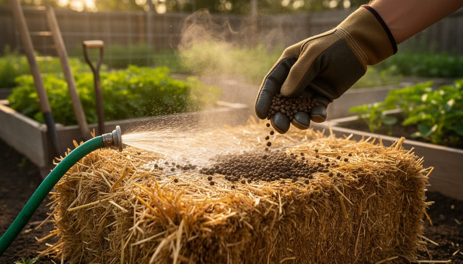 Close-up of a straw bale being conditioned with water from a hose while a gloved hand scatters fertilizer pellets, with faint steam rising and a softly blurred backyard garden in the background.