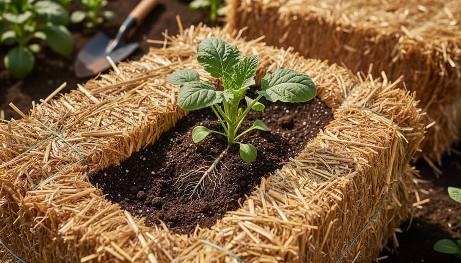 Young tomato plant growing in planting pocket filled with soil in straw bale