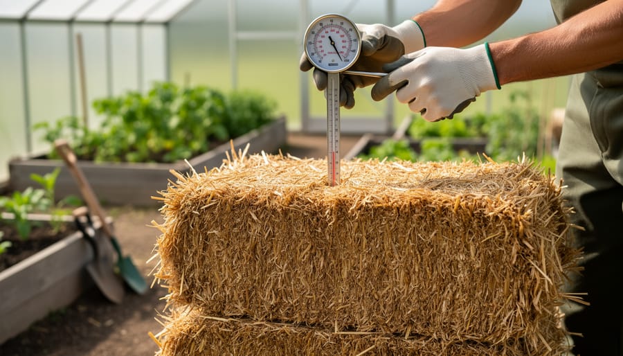 Gardener's hands checking straw bale temperature with thermometer during conditioning process