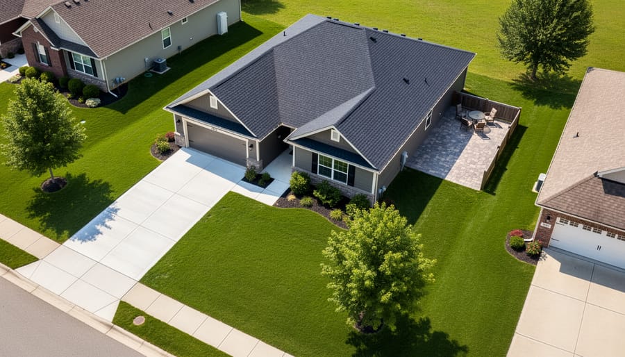 Aerial view of suburban home showing roof, driveway, and patio as impervious surfaces