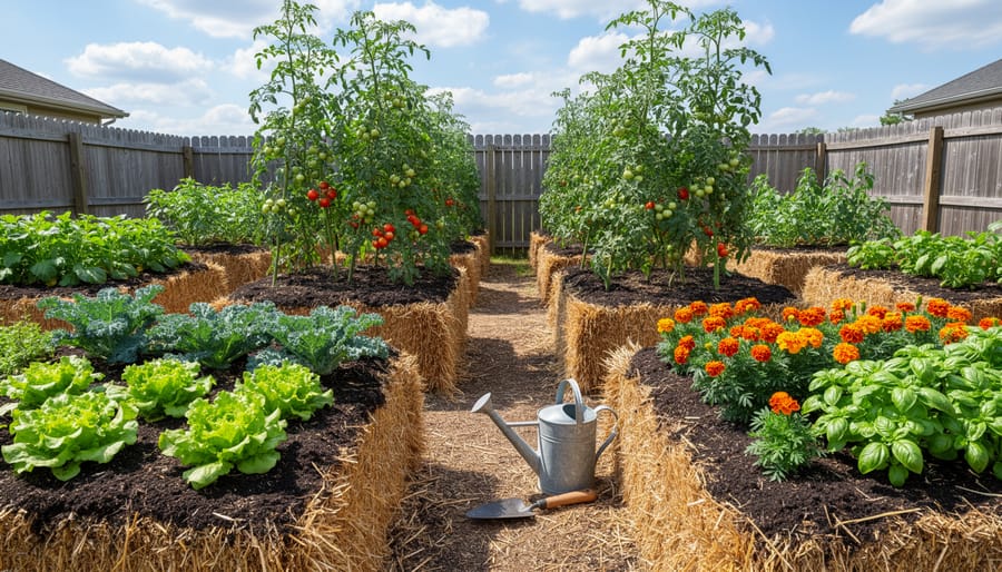 Productive straw bale garden with multiple vegetables and herbs growing in organized rows
