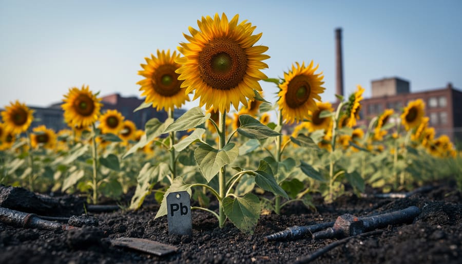 Healthy sunflowers growing in garden soil for phytoremediation purposes
