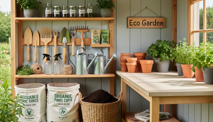 Organized garden shed interior with sustainable tools and supplies on wooden shelving