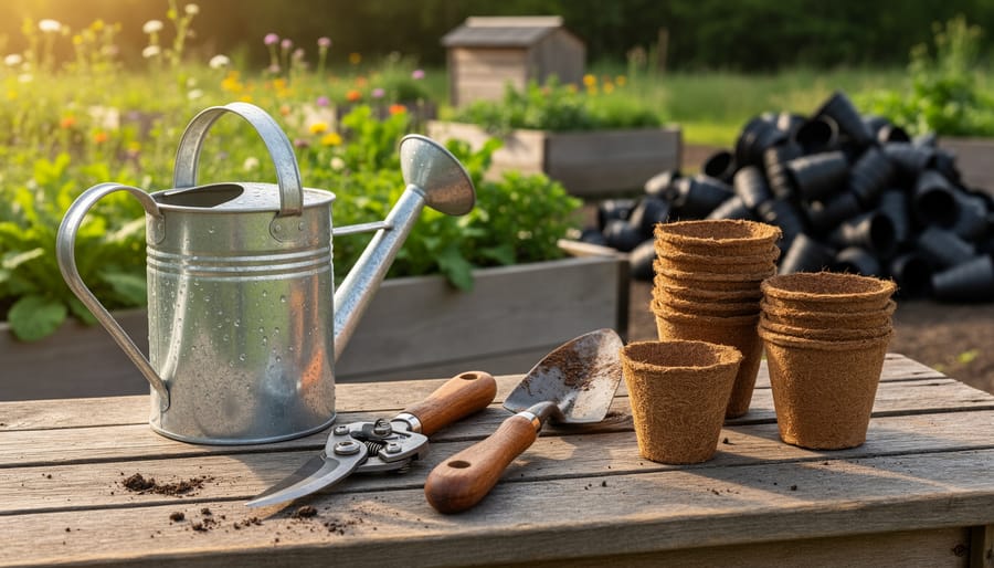 Sustainable garden tools with wooden handles and a metal watering can beside biodegradable coir and rice-hull pots on a potting bench, with raised beds and a compost bin behind and a blurred pile of discarded black plastic pots in the distance.