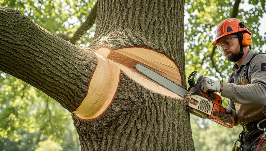 Gardener demonstrating three-cut pruning method on large tree branch with bypass pruners