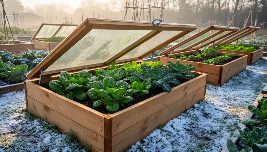 Cold frame with frost-covered leafy greens growing inside during winter morning