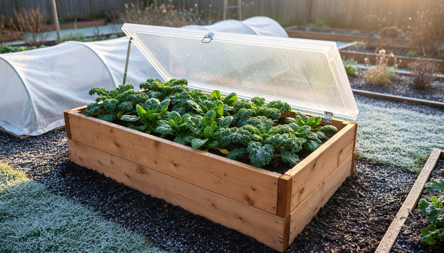 Raised garden bed with a clear cold frame propped open over kale and spinach, light frost on soil and mulched paths, and a low row-cover tunnel in the background under soft winter golden-hour light.