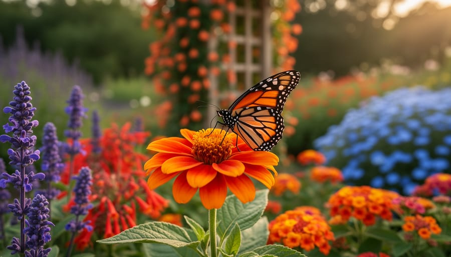 Monarch butterfly drinking from a bright orange Mexican sunflower in a lush Zone 9 pollinator garden, with purple salvia and red California fuchsia in focus and blue ceanothus, lantana, and coral honeysuckle softly blurred in the golden hour background.
