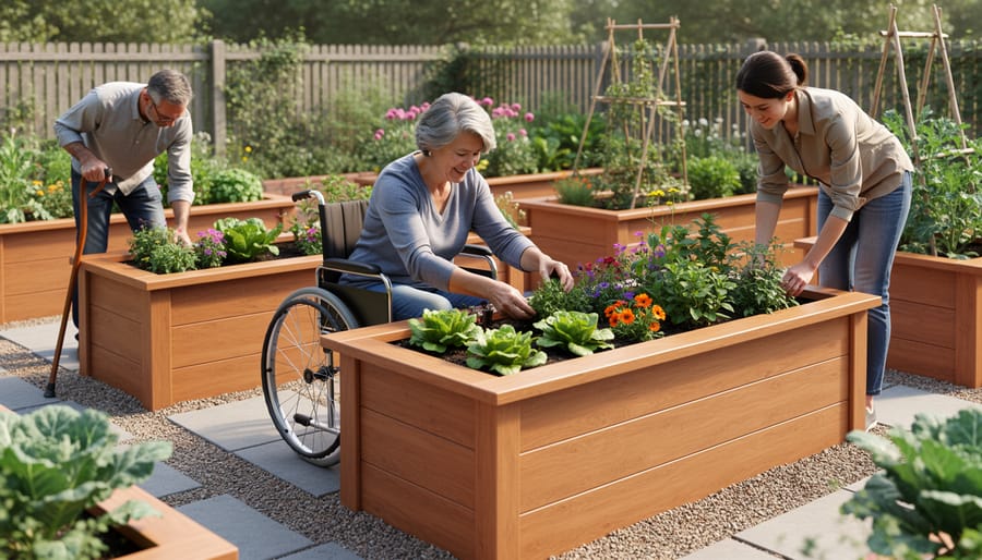 Accessible raised garden bed at wheelchair-friendly height with wide wooden borders