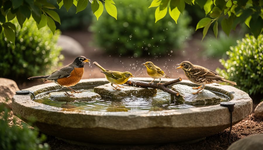 Shaded backyard birdbath with a dripper sending ripples across shallow water as a robin, warbler, and thrush perch on rocks and a branch, with softly blurred shrubs and trees behind.
