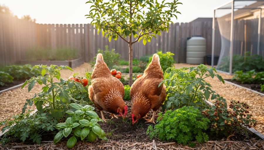 Two hens forage between tomato plants, herbs, and berry bushes in a small backyard permaculture garden at golden hour, with a young fruit tree, mulch paths, and portable poultry netting softly blurred in the background.