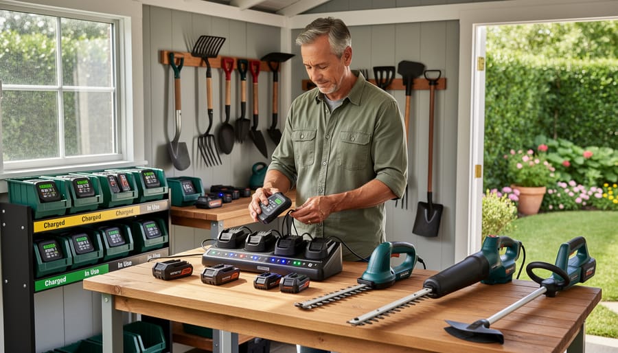 Multiple battery chargers on garage shelf charging different brand battery packs