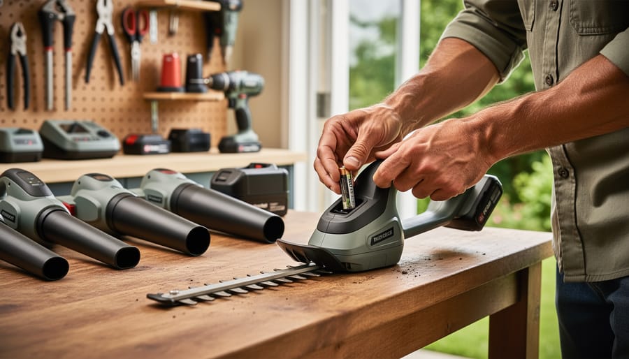 Hands inserting a lithium battery into a cordless hedge trimmer on a workbench with matching battery-powered tools, while a blurred pile of assorted chargers and differently shaped batteries sits in the background inside a garden shed.