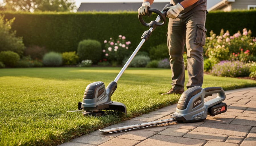 Person using battery-powered string trimmer along garden bed edge