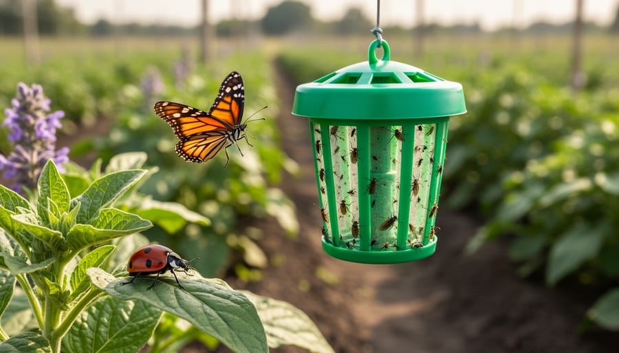 Healthy organic garden with beneficial insects including ladybug and butterfly on vegetable plants