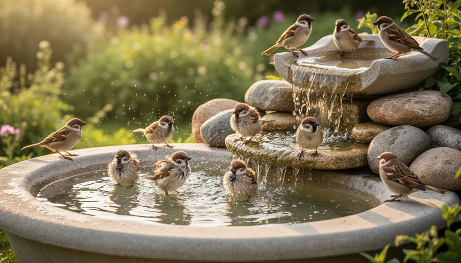 Songbird bathing and splashing in shallow stone bird bath with water droplets