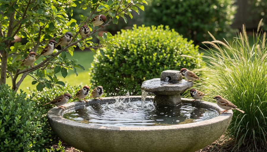 Bird water feature with natural stone edges positioned near garden shrubs with birds perched nearby