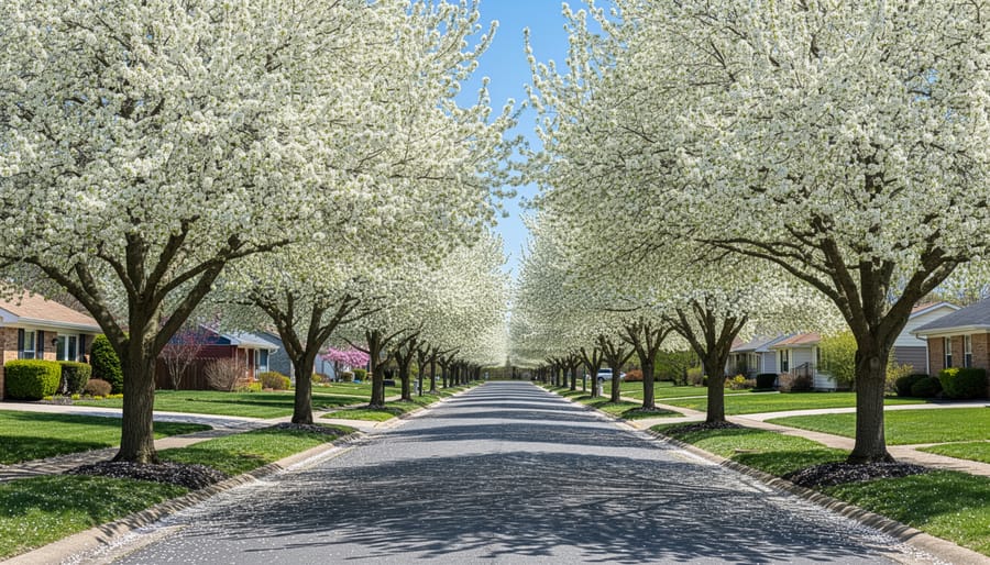 Bradford pear tree covered in white blossoms in suburban neighborhood