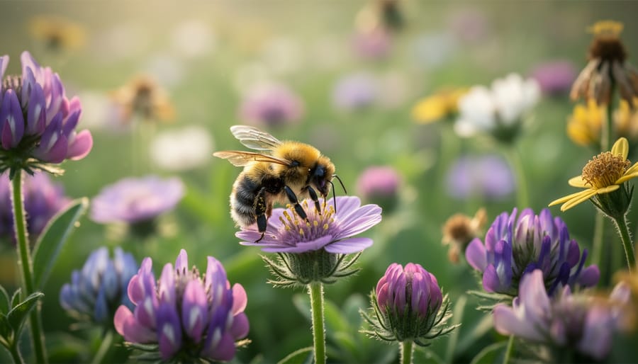 Close-up of bumblebee collecting pollen from purple coneflower