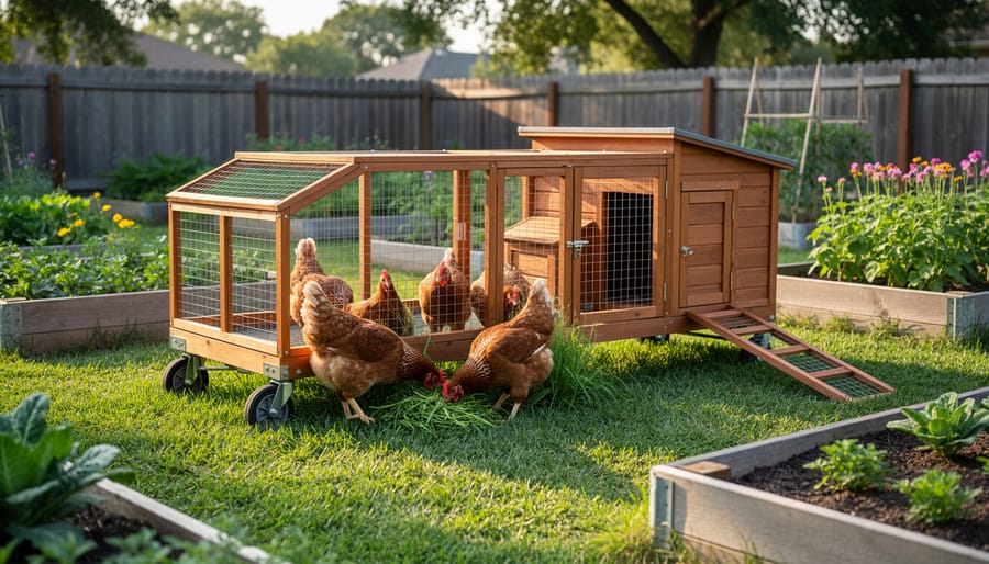 Mobile chicken tractor coop positioned on backyard grass with visible cleared area