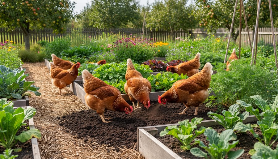 Chickens foraging among vegetable garden beds with tomato plants