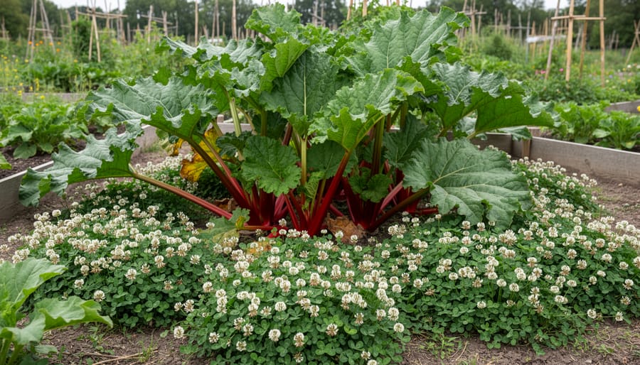 White clover ground cover growing as living mulch in garden soil