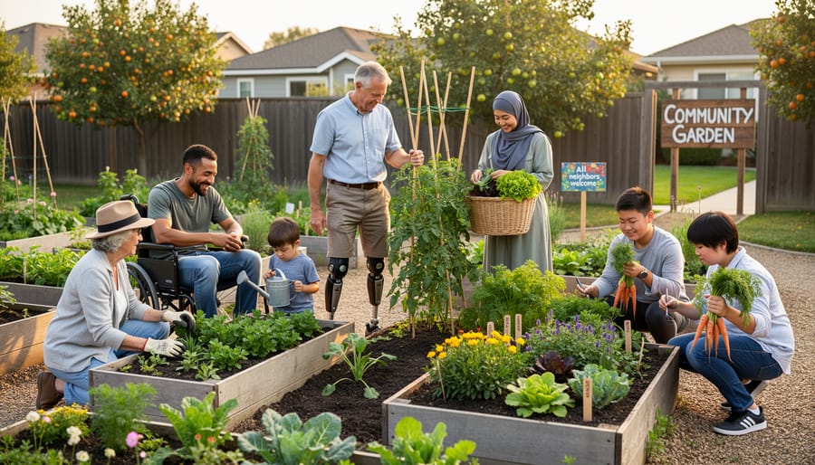 Diverse group of people working together in a community garden with raised beds