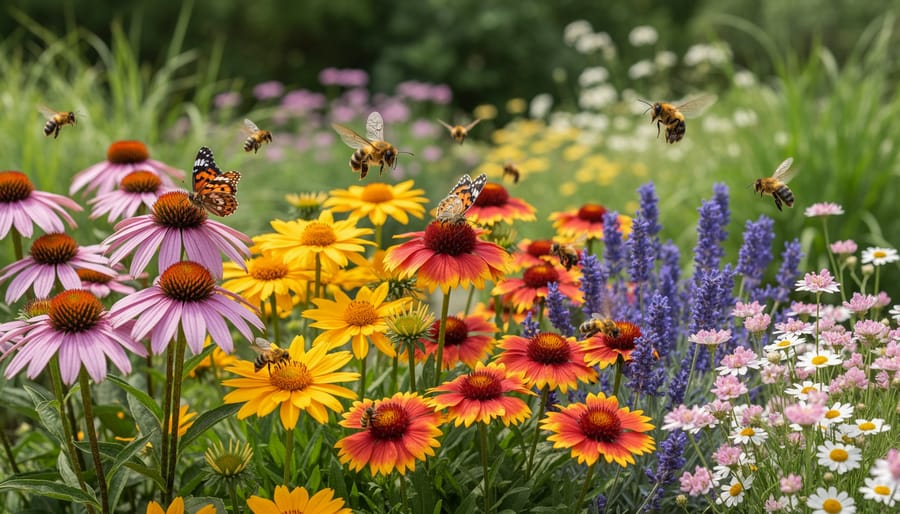Garden bed featuring clustered native wildflowers including black-eyed susans and bee balm