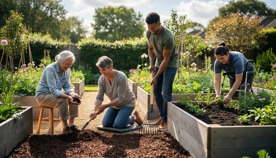 Gardener comfortably applying compost mulch to no-dig garden bed