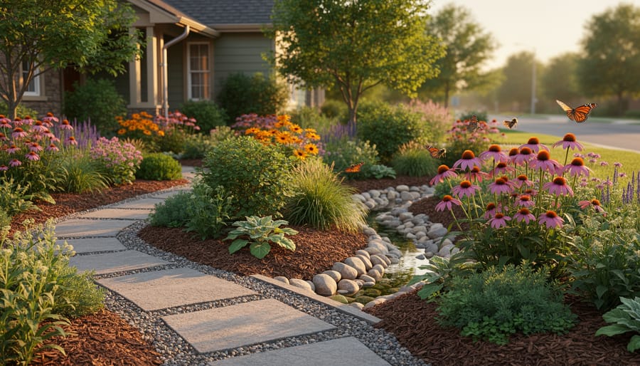 Front-yard native garden layered with trees, shrubs, perennials, and groundcovers; shallow swale and rain garden receiving downspout runoff; permeable path and mulched beds; monarch butterfly and native bees visiting coneflowers; house softly blurred in background at golden hour.