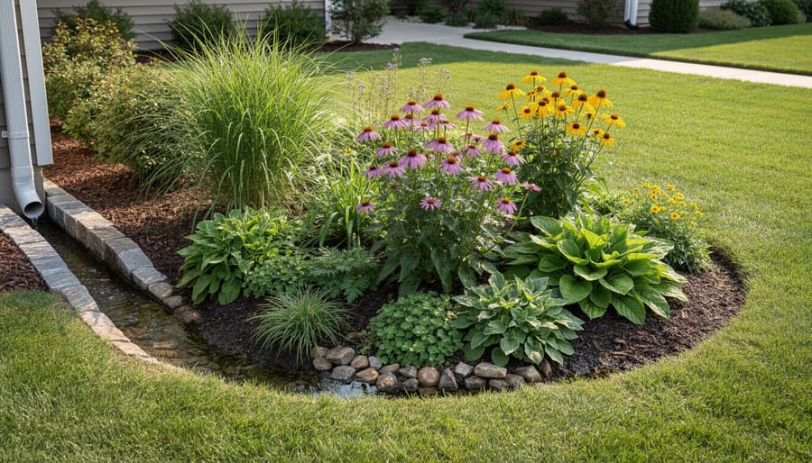 Colorful rain garden with native wildflowers growing in residential front yard