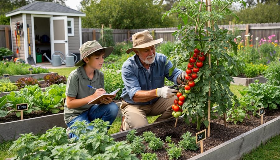 Experienced gardener examining healthy vegetable plants in garden