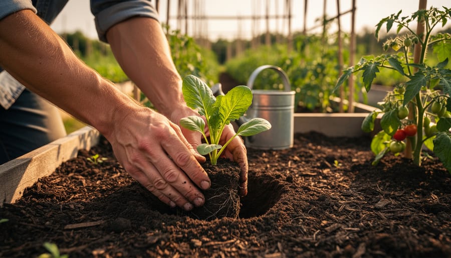 Gardener’s hands planting a leafy seedling into dark compost-enriched soil in a sunlit backyard bed, with evenly spaced tomato and pepper plants, a trellis, and a watering can softly blurred in the background.