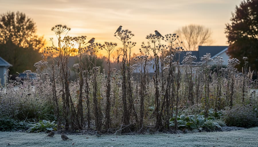 Autumn perennial garden with dried ornamental grasses and flower stalks in golden light