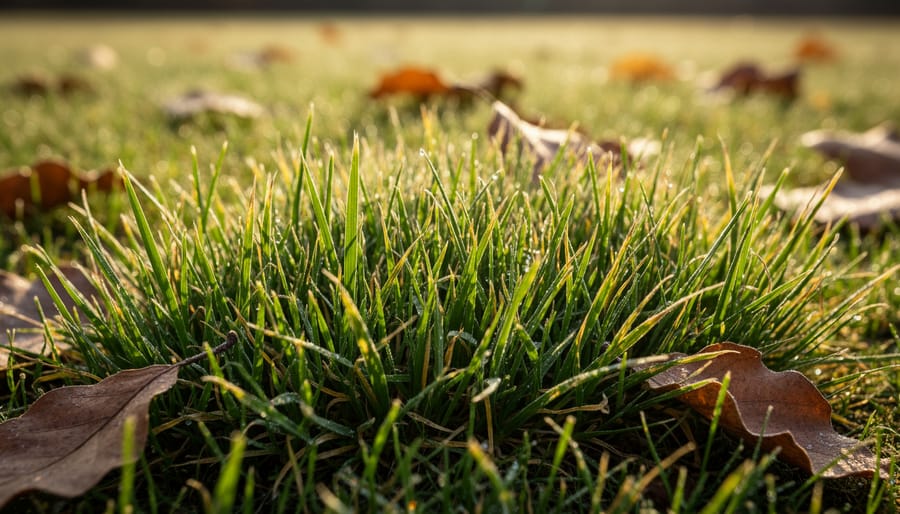 Close-up of frost-covered grass blades in late autumn showing healthy green color
