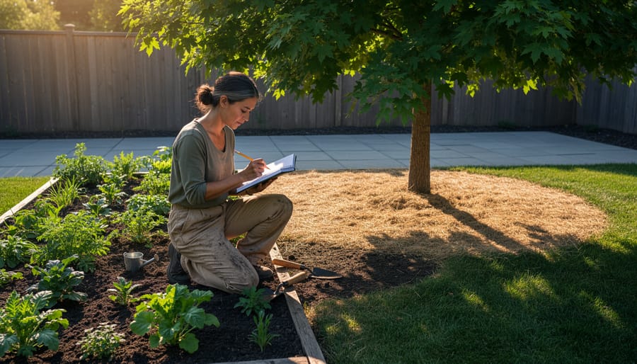 Home gardener kneeling with a notebook observing sun and shade in a backyard garden at golden hour, with a dry patch under a maple tree, a damp glistening area, and a sunlit patio bed near a fence.